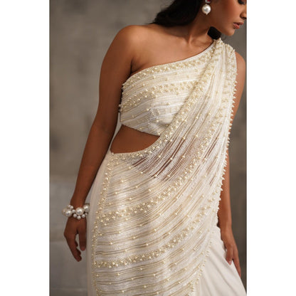 Deepika Chadha White Embroidered Pre-Drape Saree with Stitched Blouse