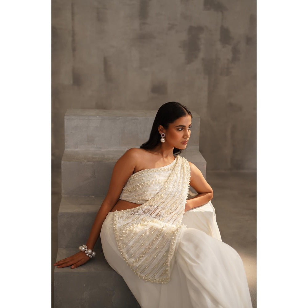 Deepika Chadha White Embroidered Pre-Drape Saree with Stitched Blouse