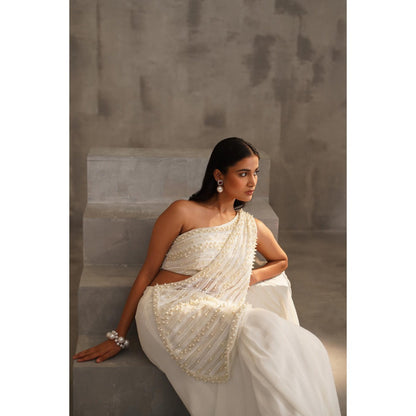 Deepika Chadha White Embroidered Pre-Drape Saree with Stitched Blouse