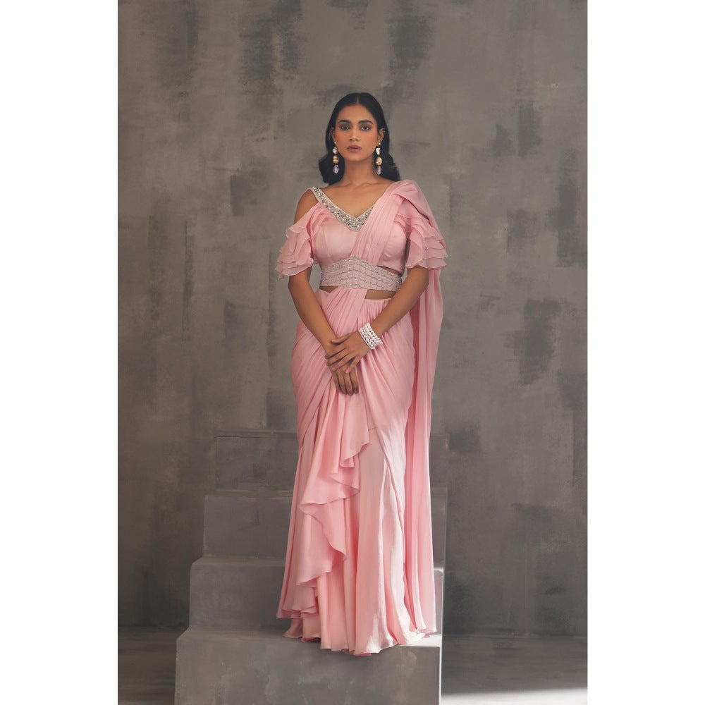 Deepika Chadha Baby Pink Embroidered Pre-Draped Saree with Stitched Blouse and Belt