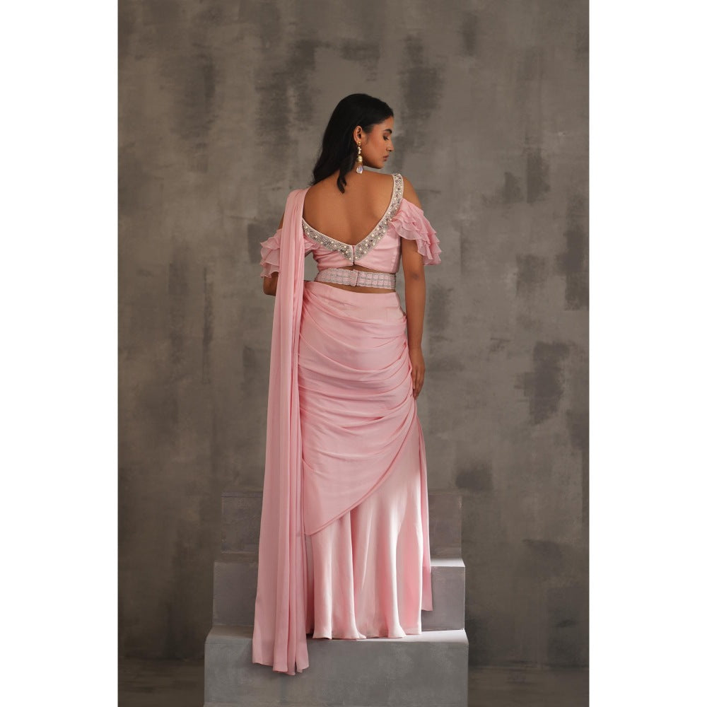Deepika Chadha Baby Pink Embroidered Pre-Draped Saree with Stitched Blouse and Belt