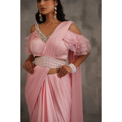 Deepika Chadha Baby Pink Embroidered Pre-Draped Saree with Stitched Blouse and Belt