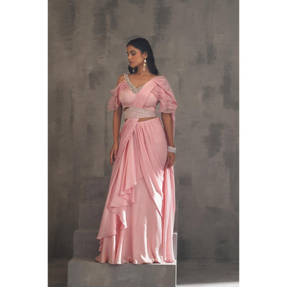 Deepika Chadha Baby Pink Embroidered Pre-Draped Saree with Stitched Blouse and Belt