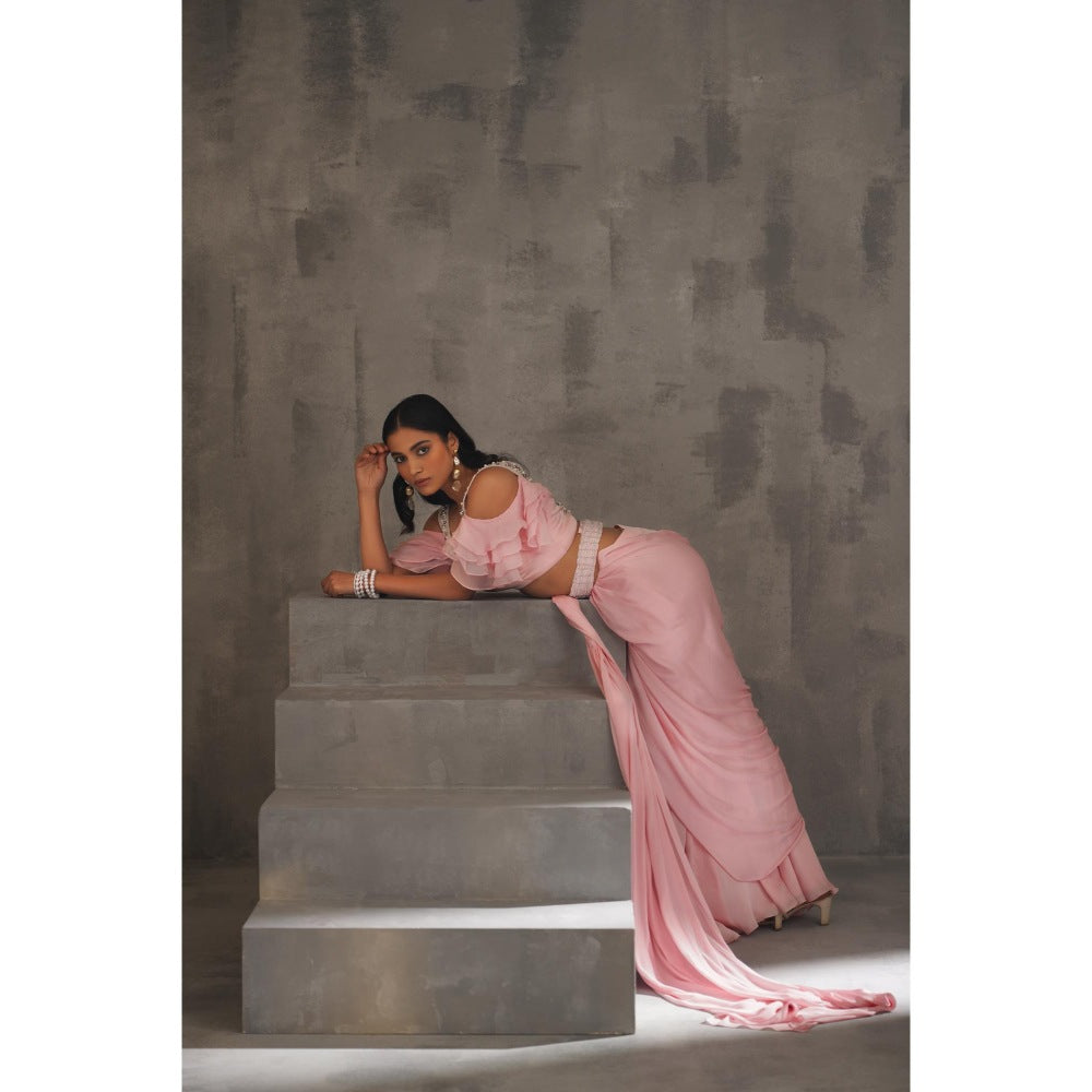 Deepika Chadha Baby Pink Embroidered Pre-Draped Saree with Stitched Blouse and Belt
