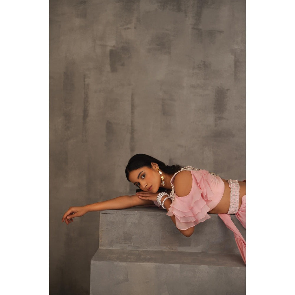 Deepika Chadha Baby Pink Embroidered Pre-Draped Saree with Stitched Blouse and Belt