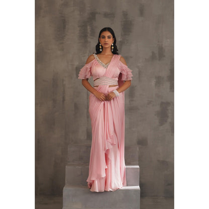 Deepika Chadha Baby Pink Embroidered Pre-Draped Saree with Stitched Blouse and Belt