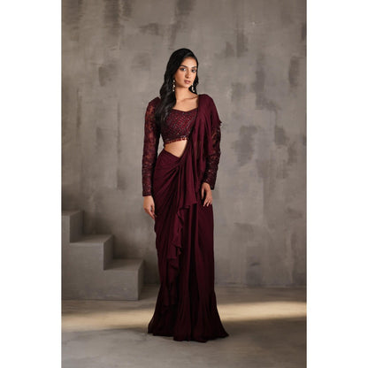Deepika Chadha Wine Embroidered Pre-Draped Ruffle Saree with Stitched Blouse