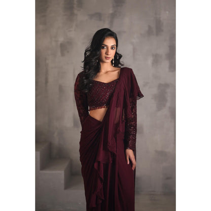 Deepika Chadha Wine Embroidered Pre-Draped Ruffle Saree with Stitched Blouse