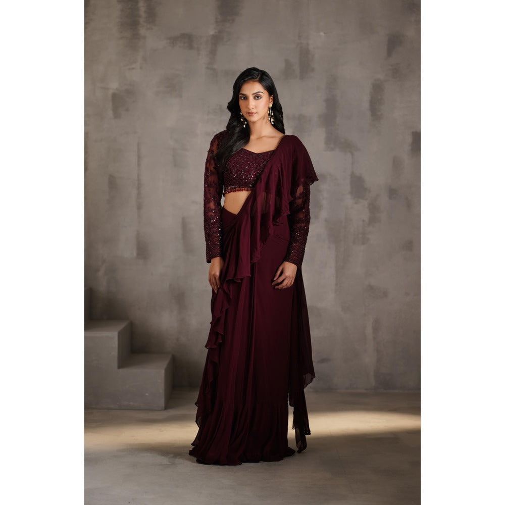 Deepika Chadha Wine Embroidered Pre-Draped Ruffle Saree with Stitched Blouse