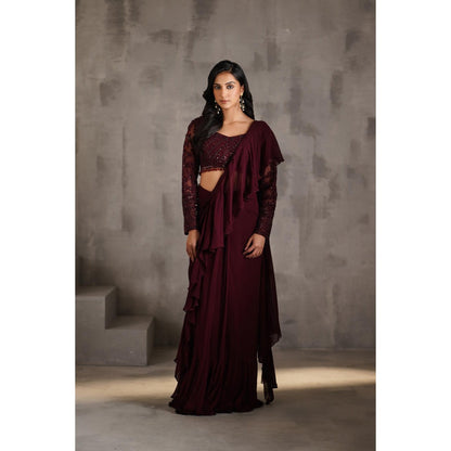 Deepika Chadha Wine Embroidered Pre-Draped Ruffle Saree with Stitched Blouse