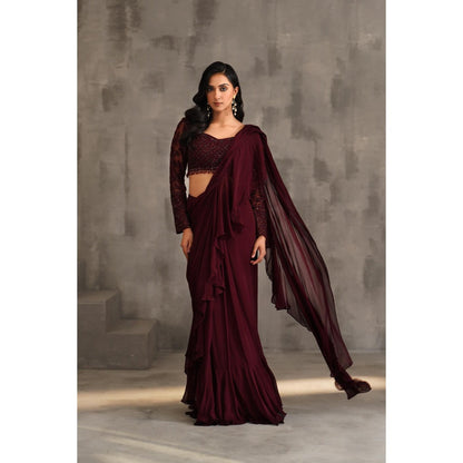 Deepika Chadha Wine Embroidered Pre-Draped Ruffle Saree with Stitched Blouse