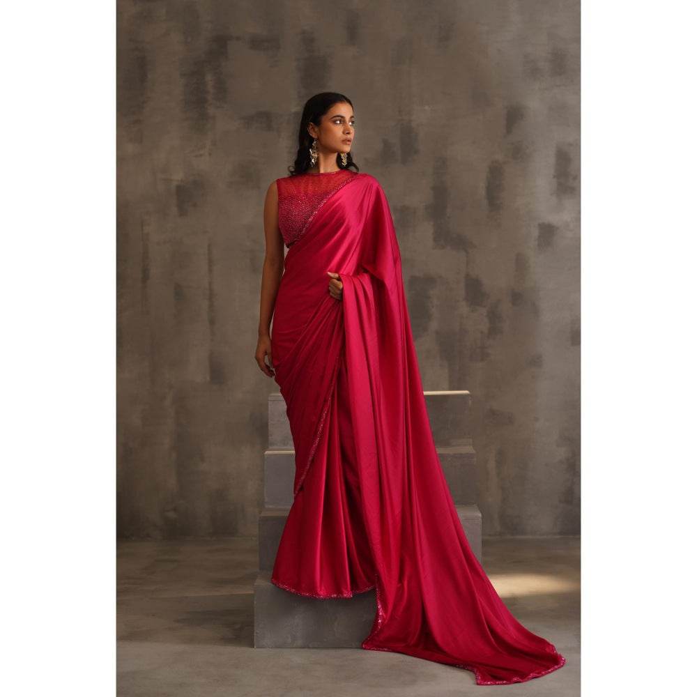 Deepika Chadha Pink Embroidered Saree with Stitched Blouse and Petticoat