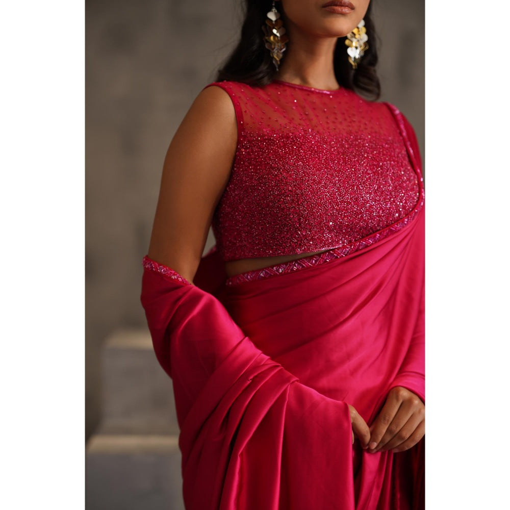 Deepika Chadha Pink Embroidered Saree with Stitched Blouse and Petticoat