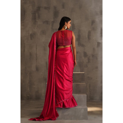 Deepika Chadha Pink Embroidered Saree with Stitched Blouse and Petticoat