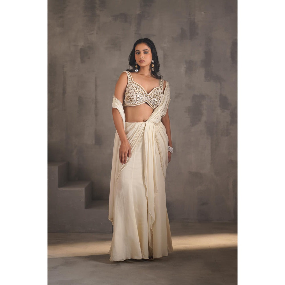 Deepika Chadha Ivory Embroidered Pre-Draped Saree with Stitched Blouse
