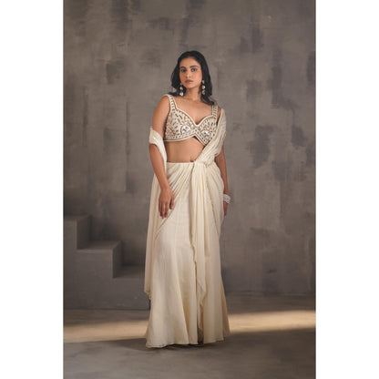 Deepika Chadha Ivory Embroidered Pre-Draped Saree with Stitched Blouse