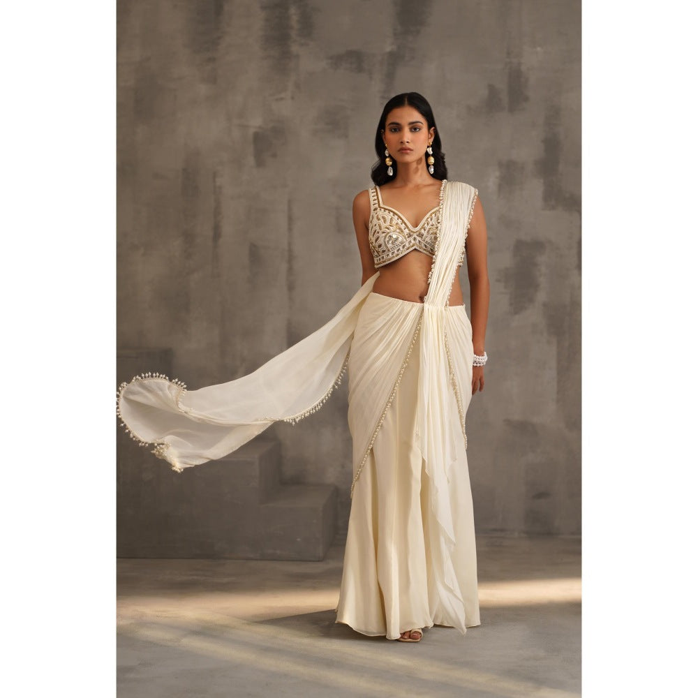 Deepika Chadha Ivory Embroidered Pre-Draped Saree with Stitched Blouse