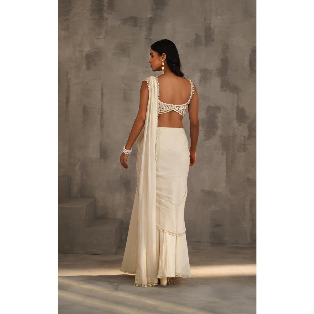 Deepika Chadha Ivory Embroidered Pre-Draped Saree with Stitched Blouse