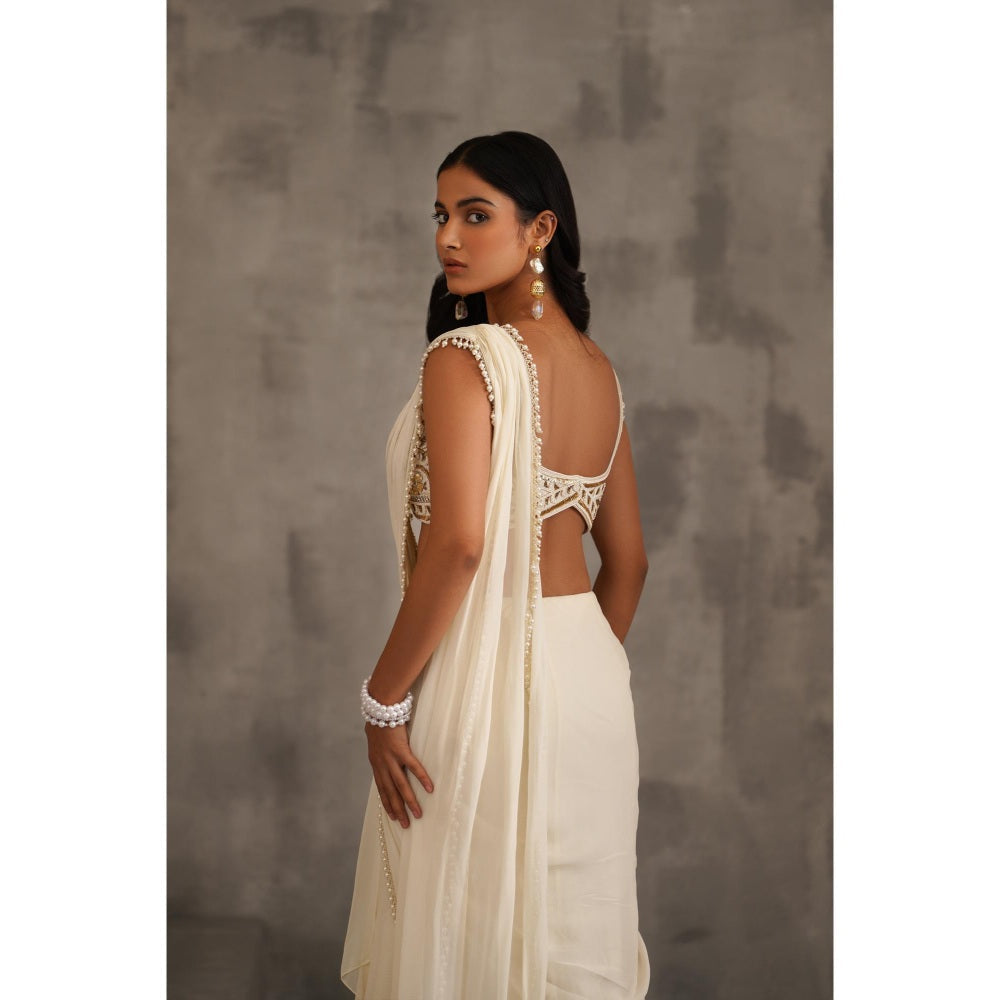 Deepika Chadha Ivory Embroidered Pre-Draped Saree with Stitched Blouse