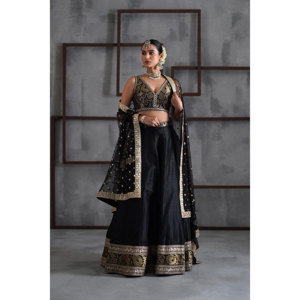 Deepika Chadha Black Brocade Blouse with Lehenga and Dupatta (Set of 3)