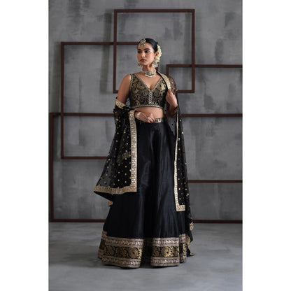 Deepika Chadha Black Brocade Blouse with Lehenga and Dupatta (Set of 3)