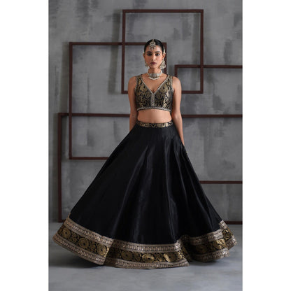 Deepika Chadha Black Brocade Blouse with Lehenga and Dupatta (Set of 3)