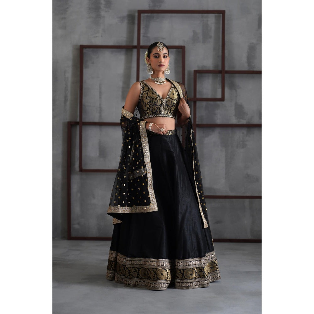 Deepika Chadha Black Brocade Blouse with Lehenga and Dupatta (Set of 3)