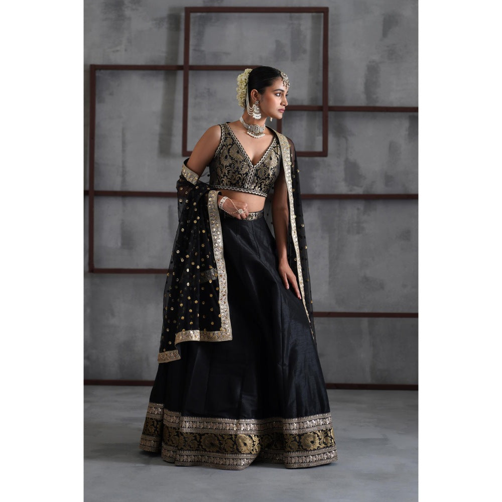 Deepika Chadha Black Brocade Blouse with Lehenga and Dupatta (Set of 3)