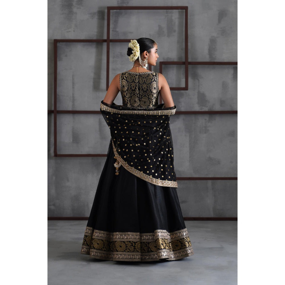 Deepika Chadha Black Brocade Blouse with Lehenga and Dupatta (Set of 3)