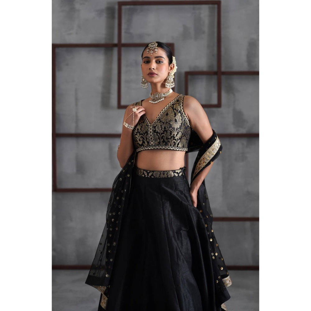 Deepika Chadha Black Brocade Blouse with Lehenga and Dupatta (Set of 3)