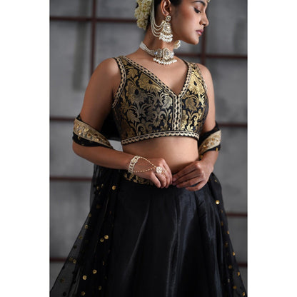 Deepika Chadha Black Brocade Blouse with Lehenga and Dupatta (Set of 3)