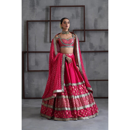 Deepika Chadha Hot Pink Brocade Blouse with Lehenga and Dupatta (Set of 3)