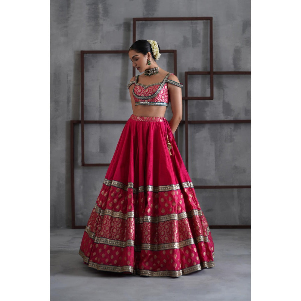 Deepika Chadha Hot Pink Brocade Blouse with Lehenga and Dupatta (Set of 3)