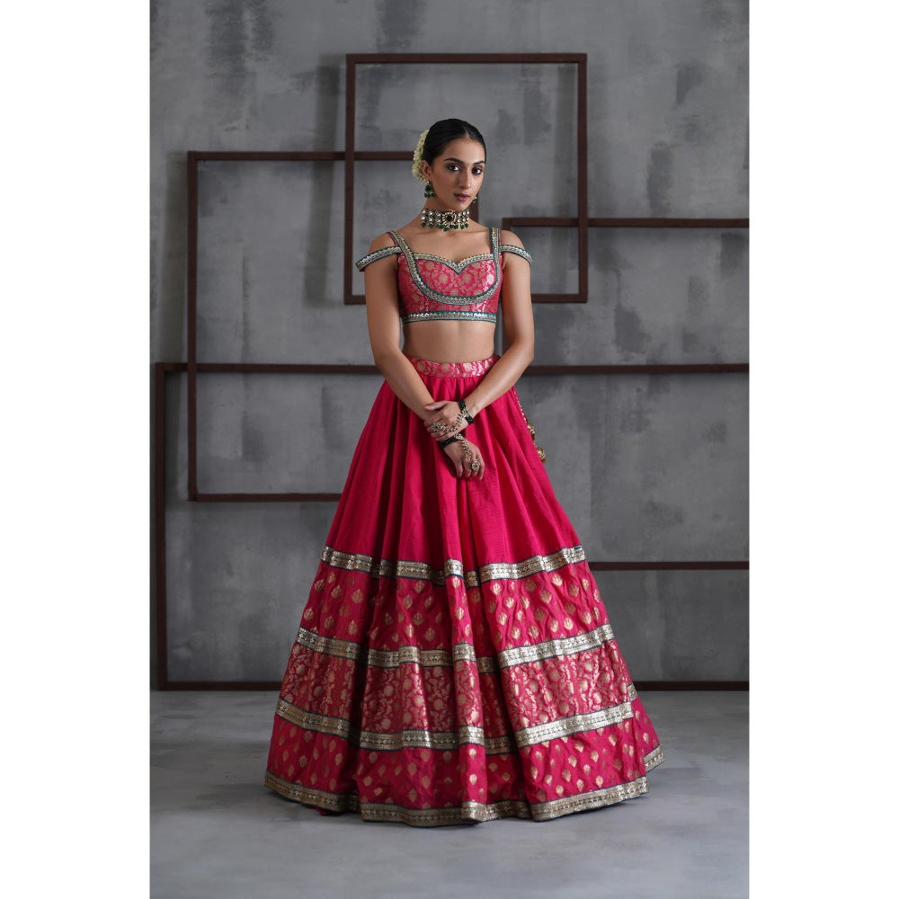 Deepika Chadha Hot Pink Brocade Blouse with Lehenga and Dupatta (Set of 3)