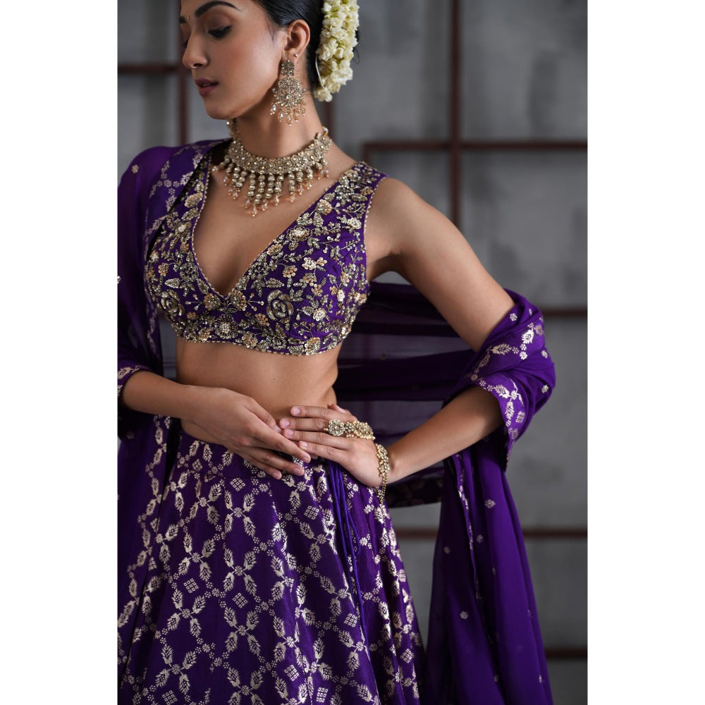 Deepika Chadha Purple Embroidered Blouse with Lehenga and Dupatta (Set of 3)