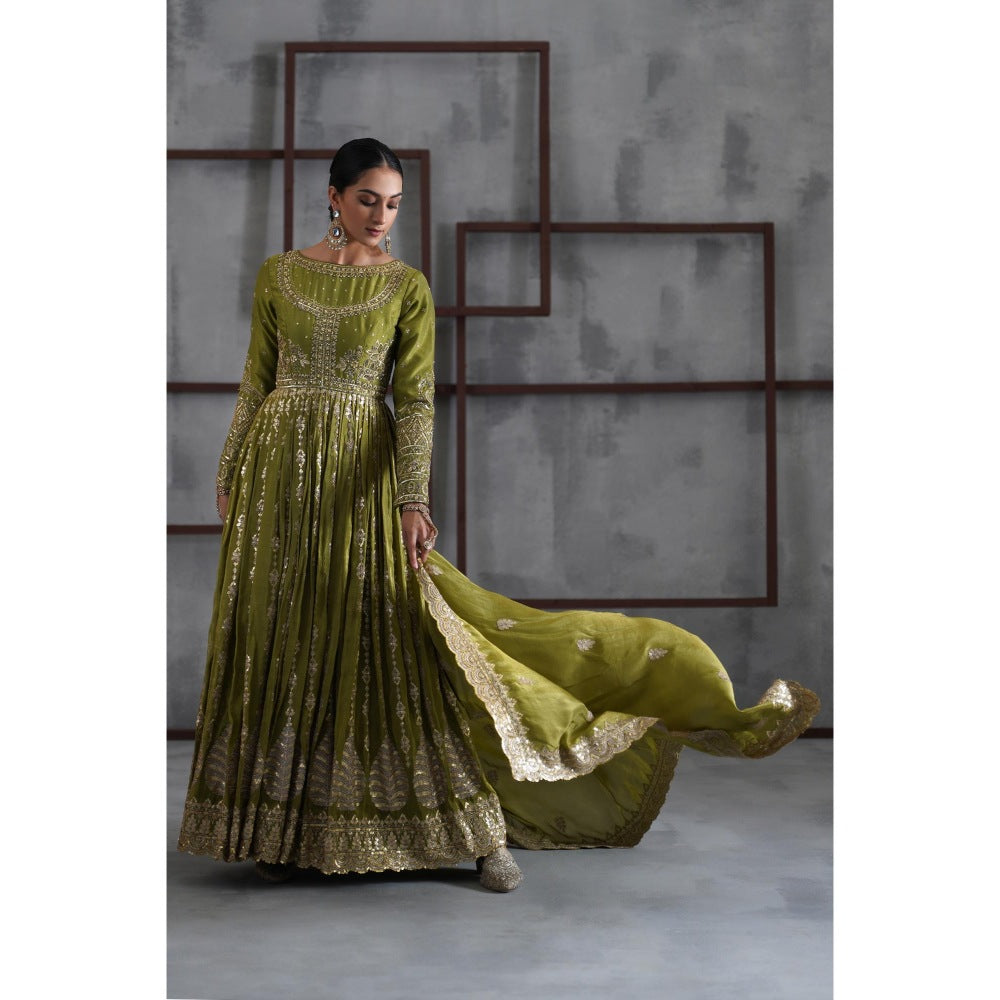 Deepika Chadha Mehendi Green Embroidered Anarkali with Churidar and Dupatta (Set of 3)