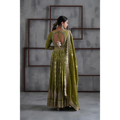 Deepika Chadha Mehendi Green Embroidered Anarkali with Churidar and Dupatta (Set of 3)