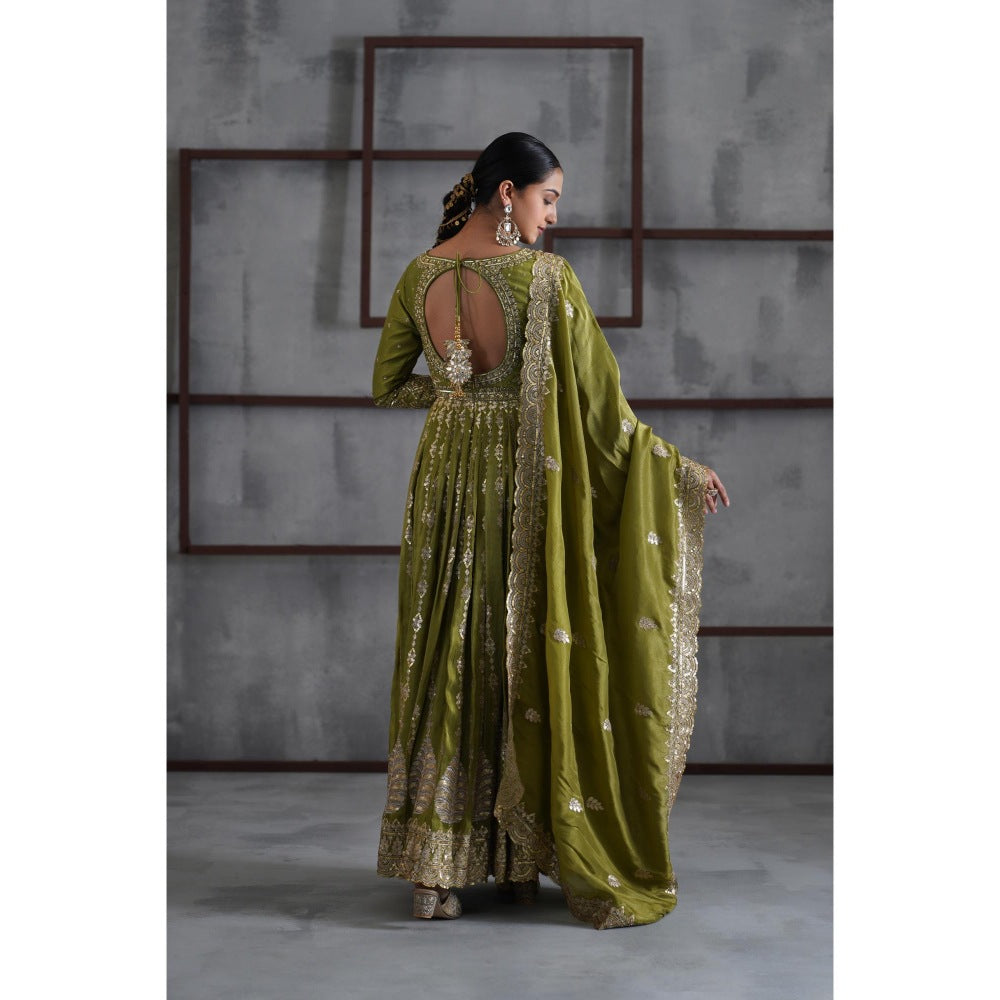 Deepika Chadha Mehendi Green Embroidered Anarkali with Churidar and Dupatta (Set of 3)