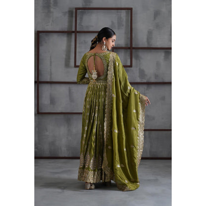 Deepika Chadha Mehendi Green Embroidered Anarkali with Churidar and Dupatta (Set of 3)