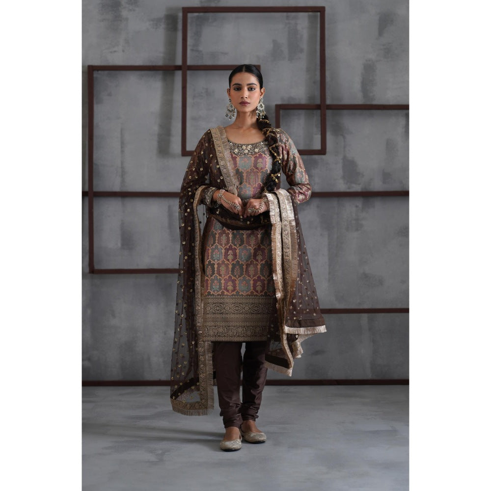 Deepika Chadha Brown Brocade Kurta with Churidar and Dupatta (Set of 3)