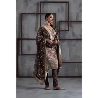 Deepika Chadha Brown Brocade Kurta with Churidar and Dupatta (Set of 3)