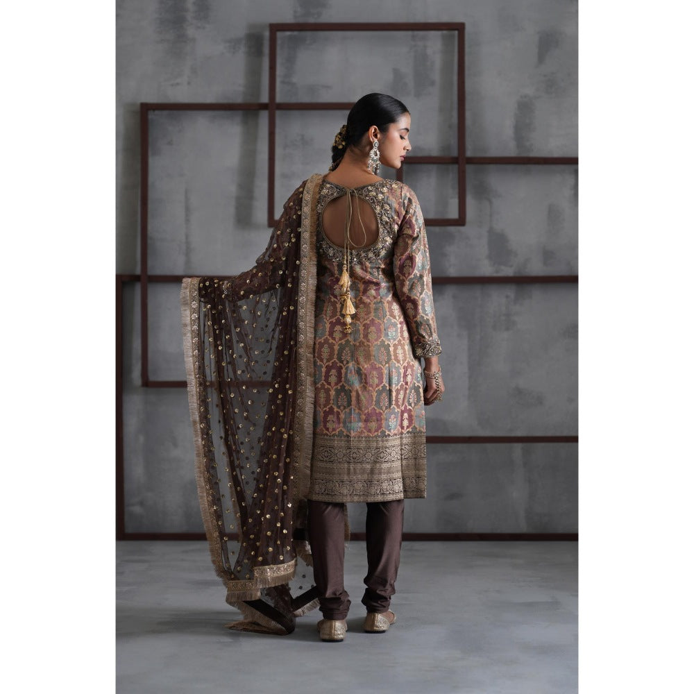 Deepika Chadha Brown Brocade Kurta with Churidar and Dupatta (Set of 3)