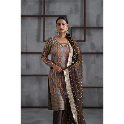 Deepika Chadha Brown Brocade Kurta with Churidar and Dupatta (Set of 3)