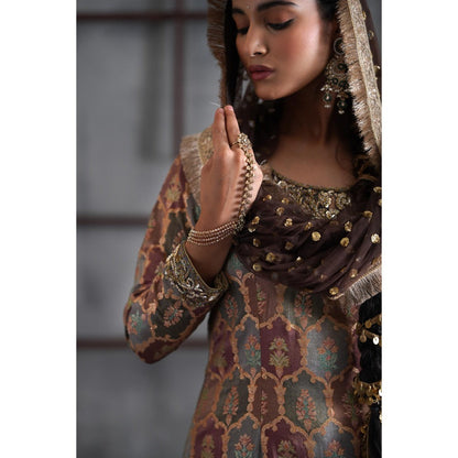 Deepika Chadha Brown Brocade Kurta with Churidar and Dupatta (Set of 3)