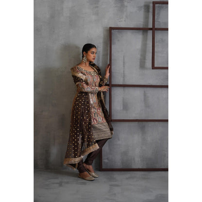 Deepika Chadha Brown Brocade Kurta with Churidar and Dupatta (Set of 3)