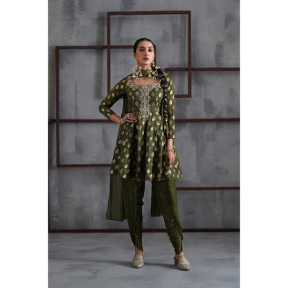 Deepika Chadha Olive Green Peplum Top with Dhoti and Choker Dupatta (Set of 3)