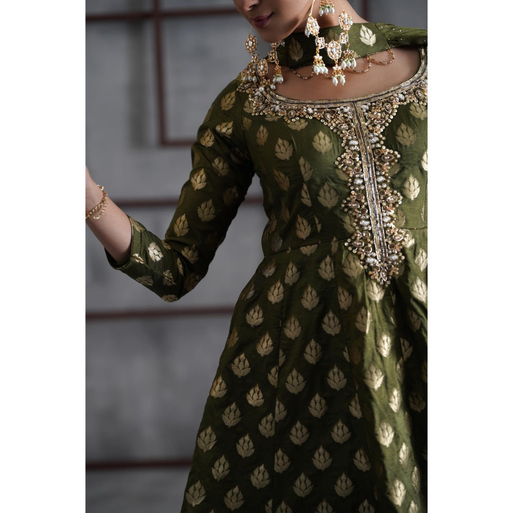 Deepika Chadha Olive Green Peplum Top with Dhoti and Choker Dupatta (Set of 3)