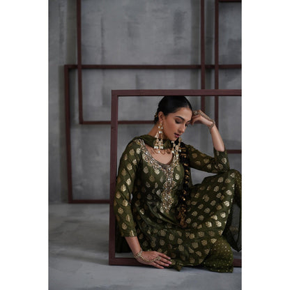 Deepika Chadha Olive Green Peplum Top with Dhoti and Choker Dupatta (Set of 3)