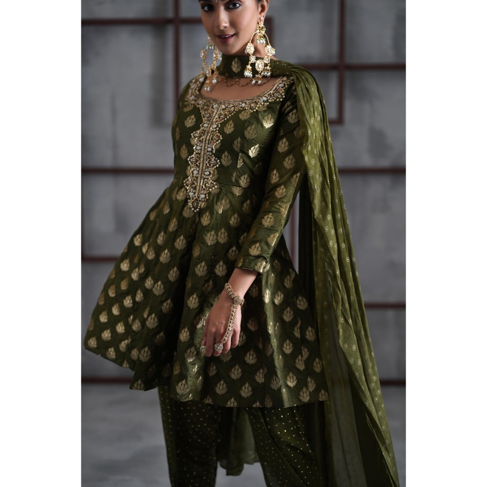 Deepika Chadha Olive Green Peplum Top with Dhoti and Choker Dupatta (Set of 3)