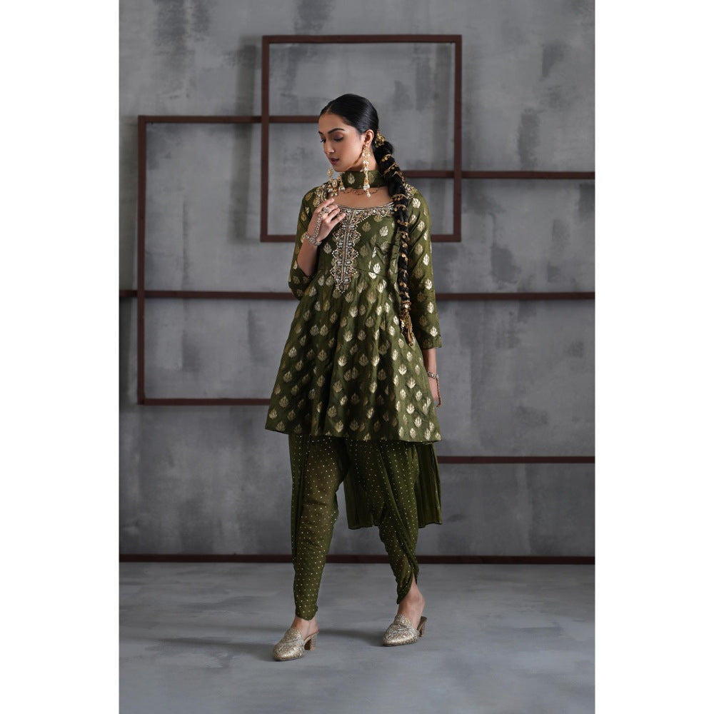 Deepika Chadha Olive Green Peplum Top with Dhoti and Choker Dupatta (Set of 3)